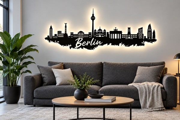 Berlin Stadt Skyline 3D LED Wandbild aus Holz 