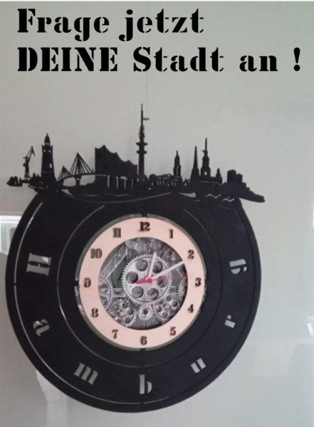 Skyline-Wanduhr aus Holz – DEINE Stadt als individuelles Design