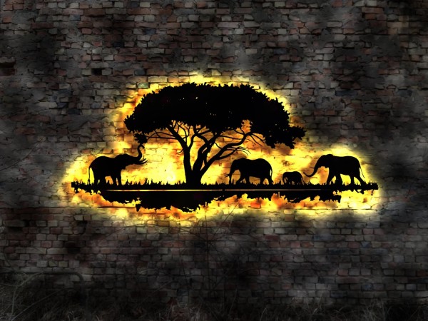 Afrika Elefanten 3D LED Wandbild aus Holz