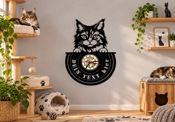 Wanduhr Katze Maine Coon aus schwarz lackiertem Holz mit Wunschtext