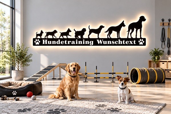 Hundetraining 3D LED Wandbild aus Holz mit Wunschtext