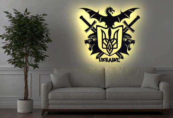 LED-Holz-Wandbild „Wappen Ukraina“ Ukraine Trysub