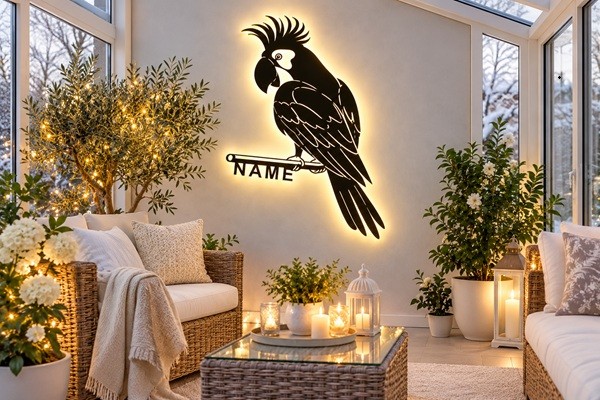 Papagei 3D LED Wandbild aus Holz mit Wunschtext.