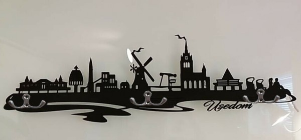 Schlüsselbrett Skyline Insel Usedom aus schwarz lackiertem Holz