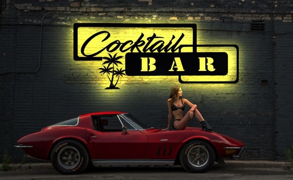3D LED Wandbild Cocktail Bar Leuchtschild aus Holz