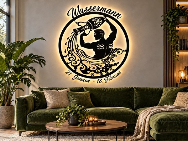 Sternzeichen Wassermann 3D-Wandbild aus Holz mit LED Licht