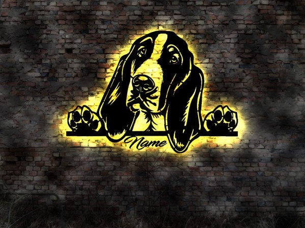 Basset Hound 3D LED Wandbild aus Holz mit Wunschtext