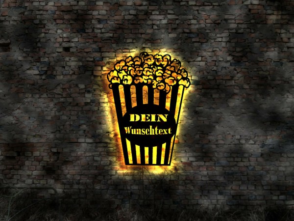 Cinema Popcorn 3D LED Wandbild aus Holz mit Wunschtext