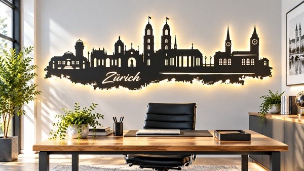 Zürich Skyline 3D LED Wandbild aus Holz