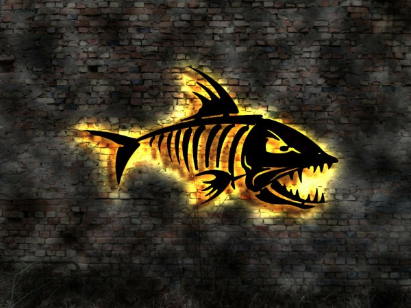 3D LED Wandbild Fisch Skelett aus Holz