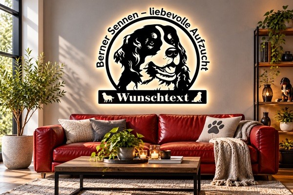 Berner Sennenhund 3D-LED Wandbild aus Holz mit Wunschtext