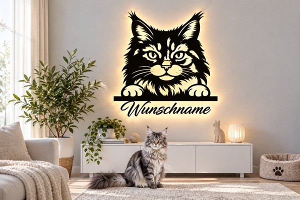 Maine-Coon-Katze 3D LED Wandbild aus Holz mit Wunschtext