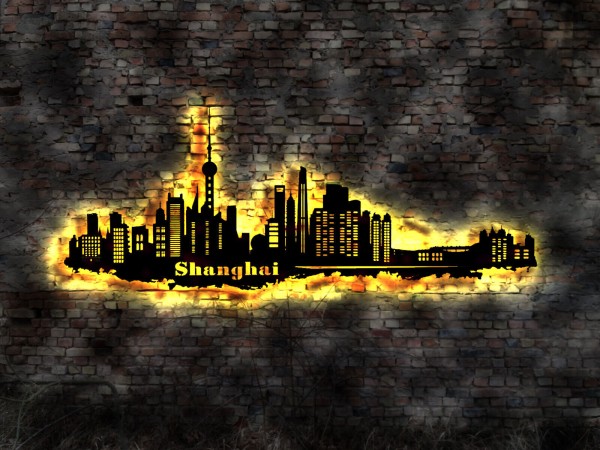 Shanghai Skyline LED Wandbild aus Holz