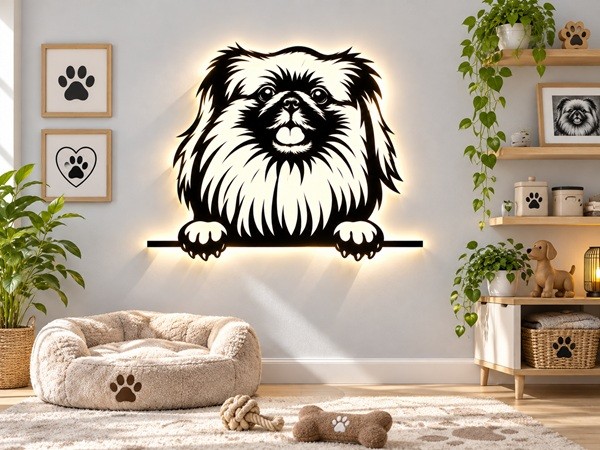 Pekingese 3D- Effekt Wandbild aus Holz mit LED Leuchte