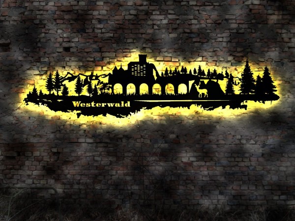 Skyline Westerwald Burg Hotel LED Wandbild aus Holz 