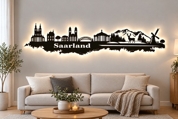 Saarland Skyline 3D LED Wandbild aus Holz