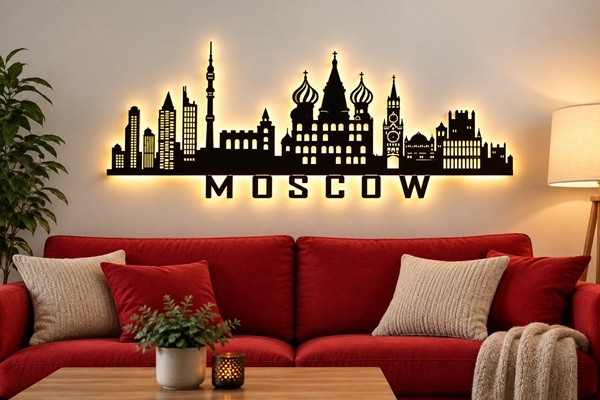 Moskau Skyline 3D LED Wandbild aus Holz
