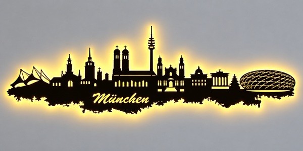 München Stadt Skyline 3D-Wandbild aus Holz mit LED