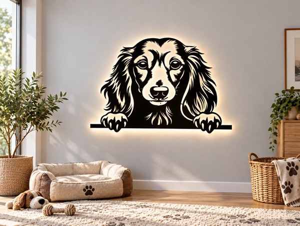 Langhaar Dackel Wandbild mit LED