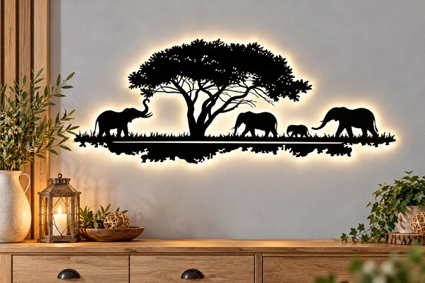 Afrika Elefanten 3D LED Wandbild aus Holz