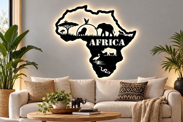 Kontinent Afrika 3D LED Wandschmuck aus Holz 