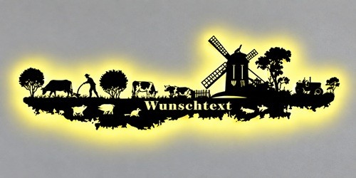 Bauernhof Skyline LED Holz Wandbild mit Wunschtext_2026