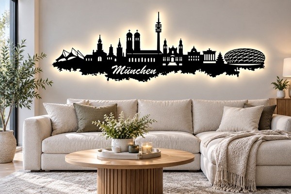 München Stadt Skyline 3D-Wandbild aus Holz mit LED