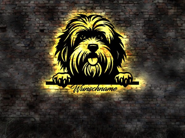 Tibet Terrier 3D LED Wandbild aus Holz mit Wunschnamen