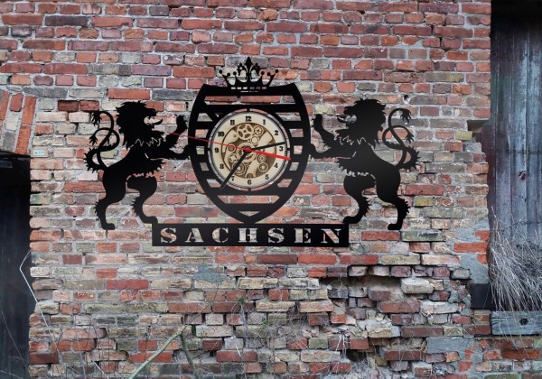 Wanduhr Sachsen Freistaat Wappen aus Holz