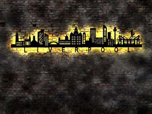 3D LED Wandbild Liverpool England Skyline aus Holz