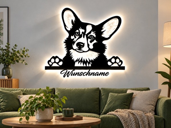 Welsh Corgi Pembroke 3D LED Wandbild aus Holz mit Wunschtext