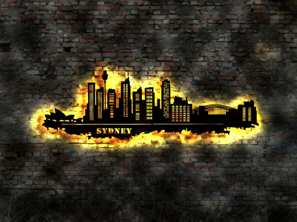 Sydney Skyline 3D LED Silhouetten Wandbild aus Holz