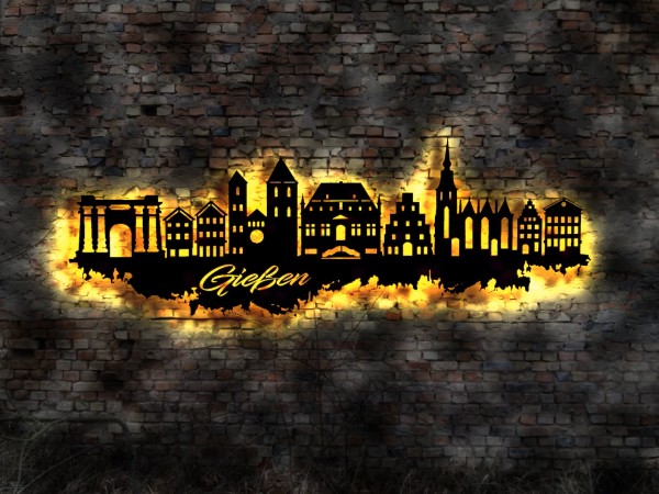 Gießen Stadt Skyline 3D LED Wandbild aus Holz