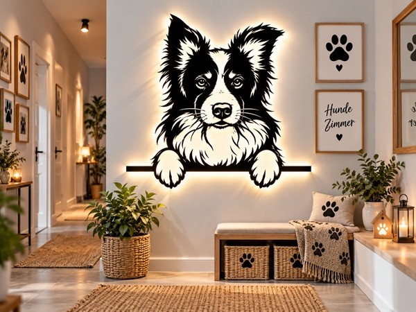 Border Collie 3D-Effekt Wandbild aus Holz mit LED Licht