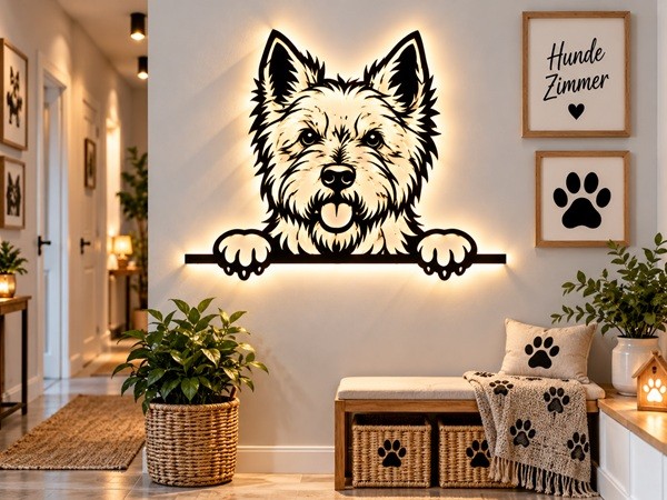 Westi - Westhigland-White-Terrier 3D-Wandbild Holz mit LED Licht
