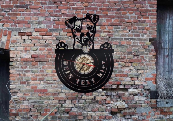 Jack Russel Wanduhr aus schwarz lackiertem Holz mit Wunschtext