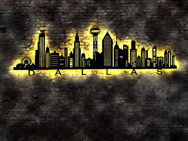 Dallas Stadt 3D LED Wandbild aus Holz