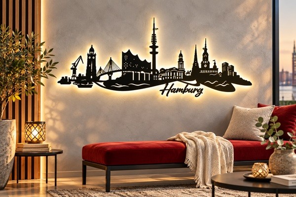 Hamburg Stadt Skyline 3D- Wandbild aus Holz mit LED Licht
