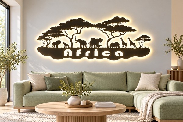 Africa Skyline 3D-Wandbild aus Holz mit LED Licht