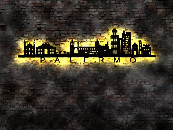 Palermo Stadt Skyline LED Wandbild aus Holz