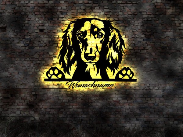 Saluki Persischer Windhund 3D LED Wandbild aus Holz mit Wunschtext