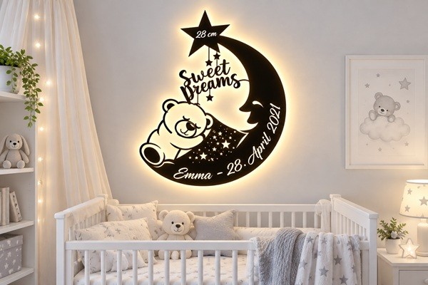 Geburtstag 3D-Wandbild Mond aus Holz mit LED mit Wunschtext