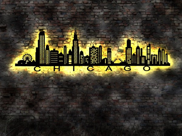 Chicago Skyline 3D LED Wandbild aus Holz