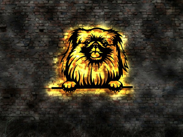 Pekingese 3D- Effekt Wandbild aus Holz mit LED Leuchte