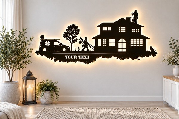 Kaminkehrer Skyline 3D-Wandbild aus Holz mit LED & Wunschtext