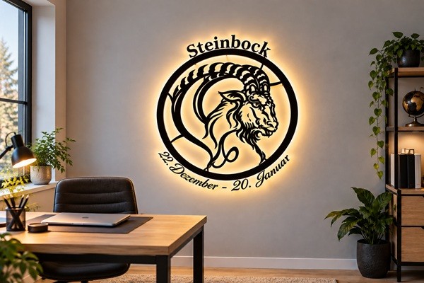 Steinbock Sternzeichen 3D-Wandbild aus Holz mit LED Licht 