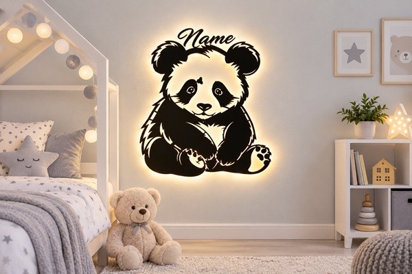3D LED Wandbild Pandabär aus Holz mit Wunschtext