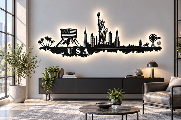 LED Wandbild USA Skyline Stadt aus Holz 