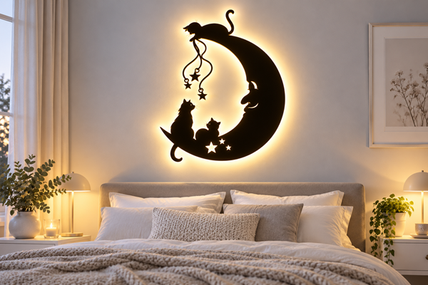 Katzen auf dem Mond 3D-Wandleuchte Holz mit LED 