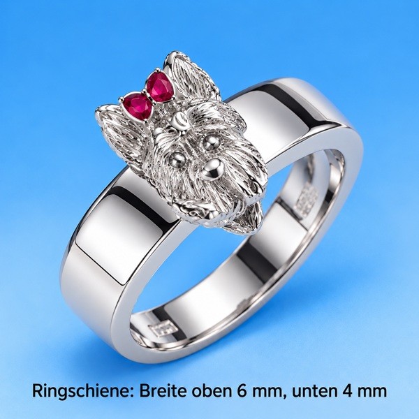 Ring mit Yorkshire-Terrier Hundekopf in Silber